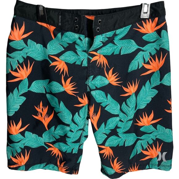 Hurley Swim Board Shorts Men Size 30 Green Orange Tropical Swimwear Beach Surf - Picture 1 of 5